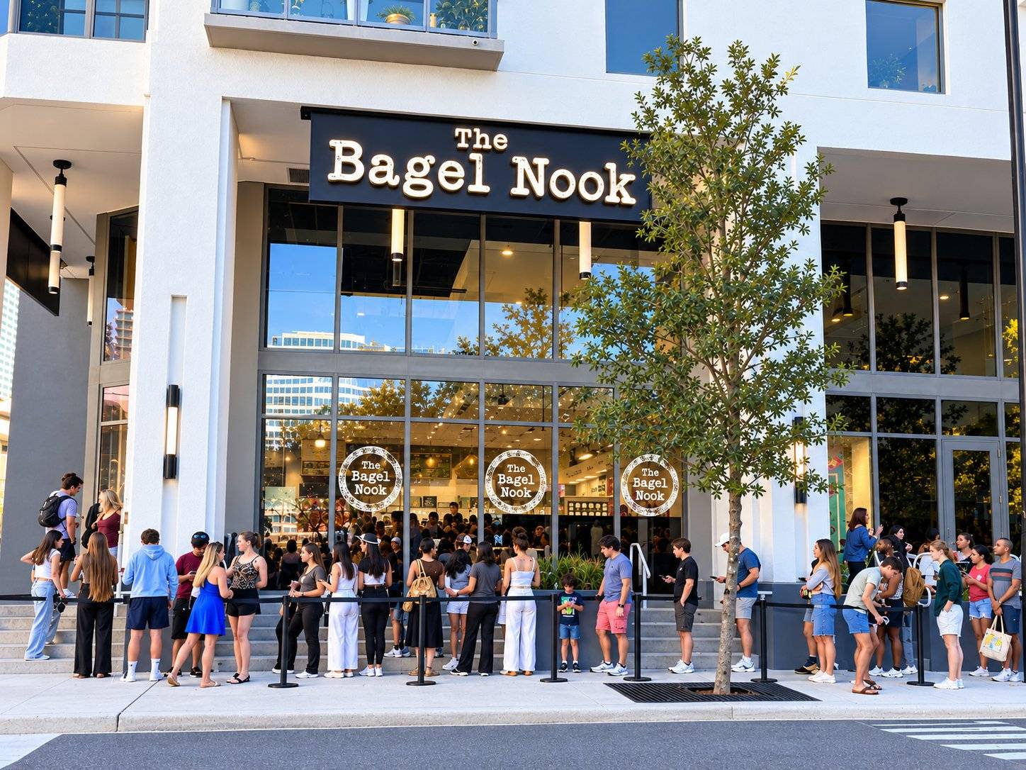 A crowd lined up outside The Bagel Nook storefront